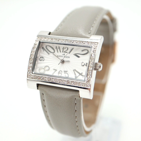 Anne Klein Silver Tone Womens Watch 30mm Rectangle Dial Gray Leather New Battery - Picture 1 of 16
